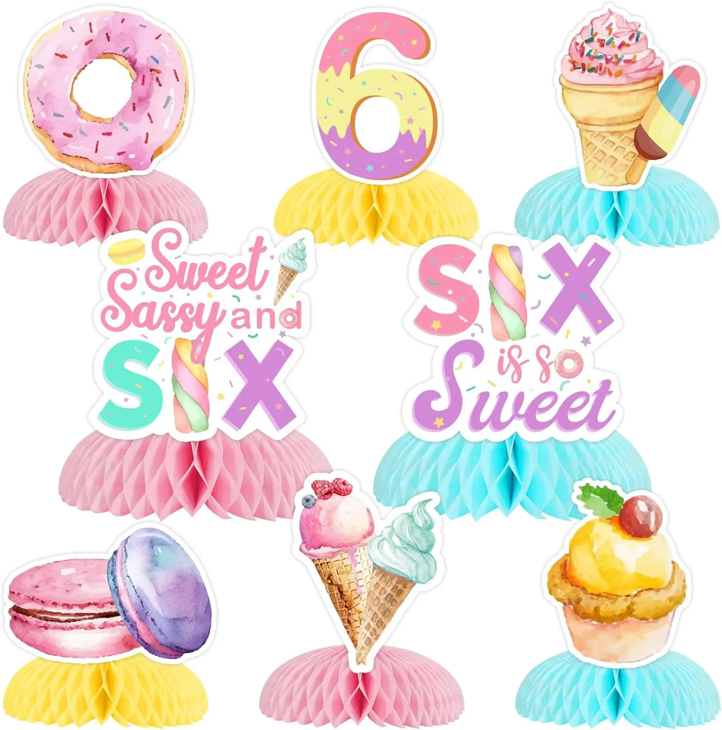 

SWEET SASSY & SIX Birthday Decor Girl, Ice Cream 6th Birthday Decor Table Honeycomb Centerpiece for Six Is So Sweet Cake Party