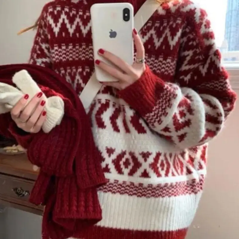 

Ретро новогодний красный женский вязаный кардиган, рождественский вязаный свитер, женский осенне-зимний дизайн, утолщенные топы с круглым вырезом