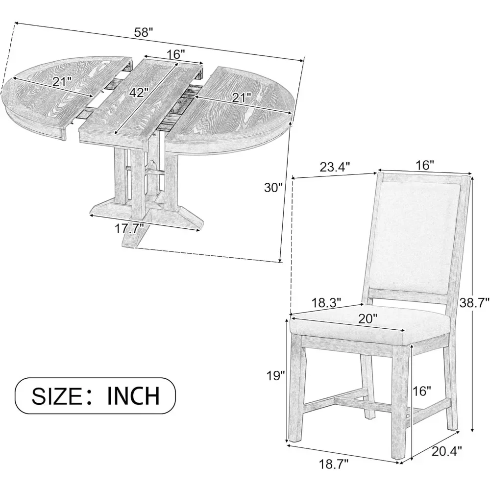 Dining Table Set for 4, 5-Piece Wood Round Extendable Table and 4 Upholstered Dining Chairs with Backrest, Kitchen Table Set