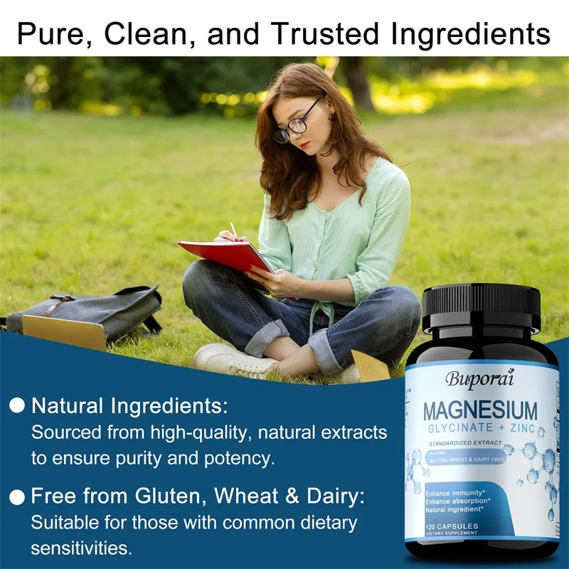 Magnesium Glycinate & Zinc Dietary Supplement - Supports Brain and Nervous System, Promotes Heart, Joints and Bones Health
