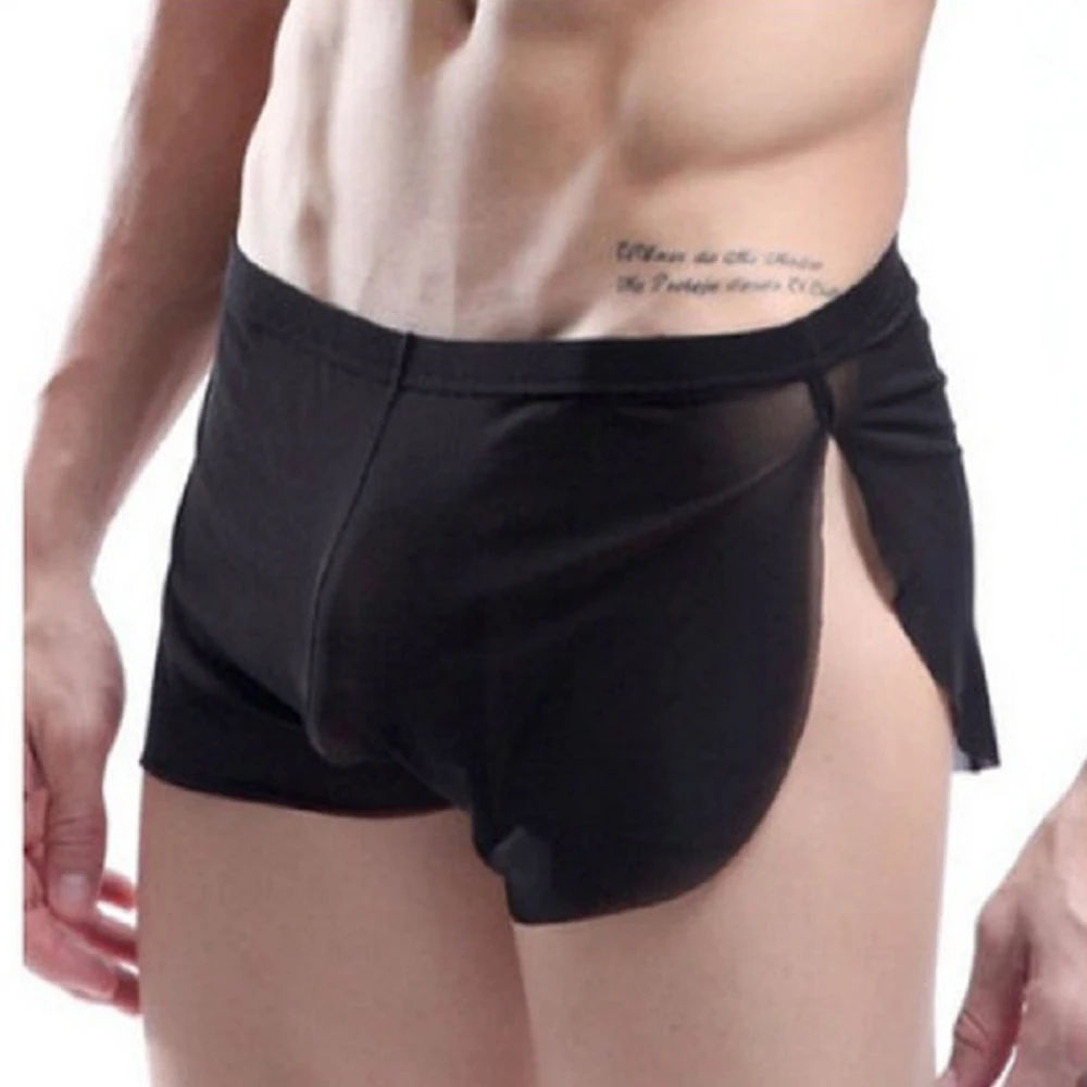 Bóxer de malla ultrafino para hombre, ropa interior Sexy con abertura lateral, calzoncillos cortos