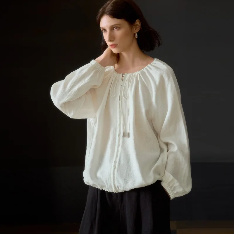 

Ретро-рубашка из 100% льна для женщин, на молнии, свободного кроя, с длинными рукавами, круглым вырезом, летняя, с защитой от солнца, повседневный свободный шикарный белый топ-кардиган