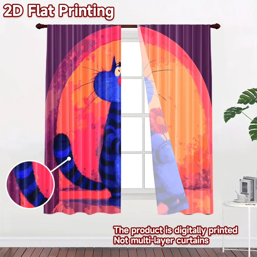 2D flat printing 2pcs Window Curtains Blue Cat Flower Romance Digital Printed Polyester Drapes Seasonal Party & Holiday Decor