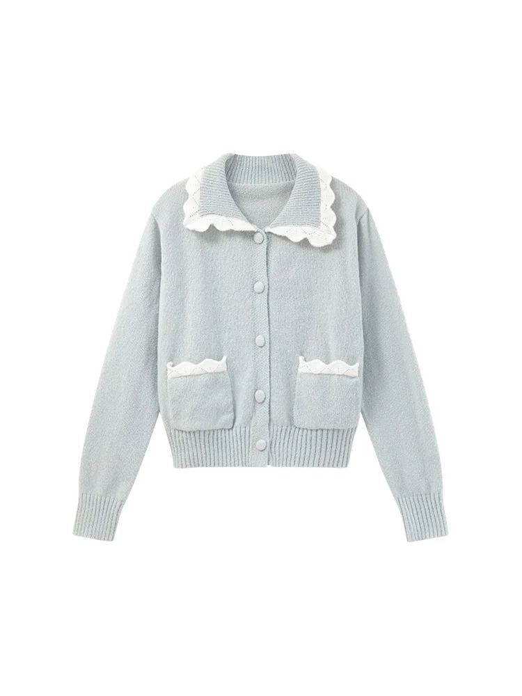 Sweet Baby Blue Cardigan | Contrast Trim Doll Collar Knit Sweater | Soft Cozy Long Sleeve Button Front Knitwear for Women Winter