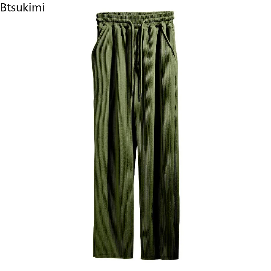 Spring Autumn New Men's Casual Loose Straight Pants Fashion Solid Jacquard Striped High Waist Wide Leg Trousers Male Streetwear