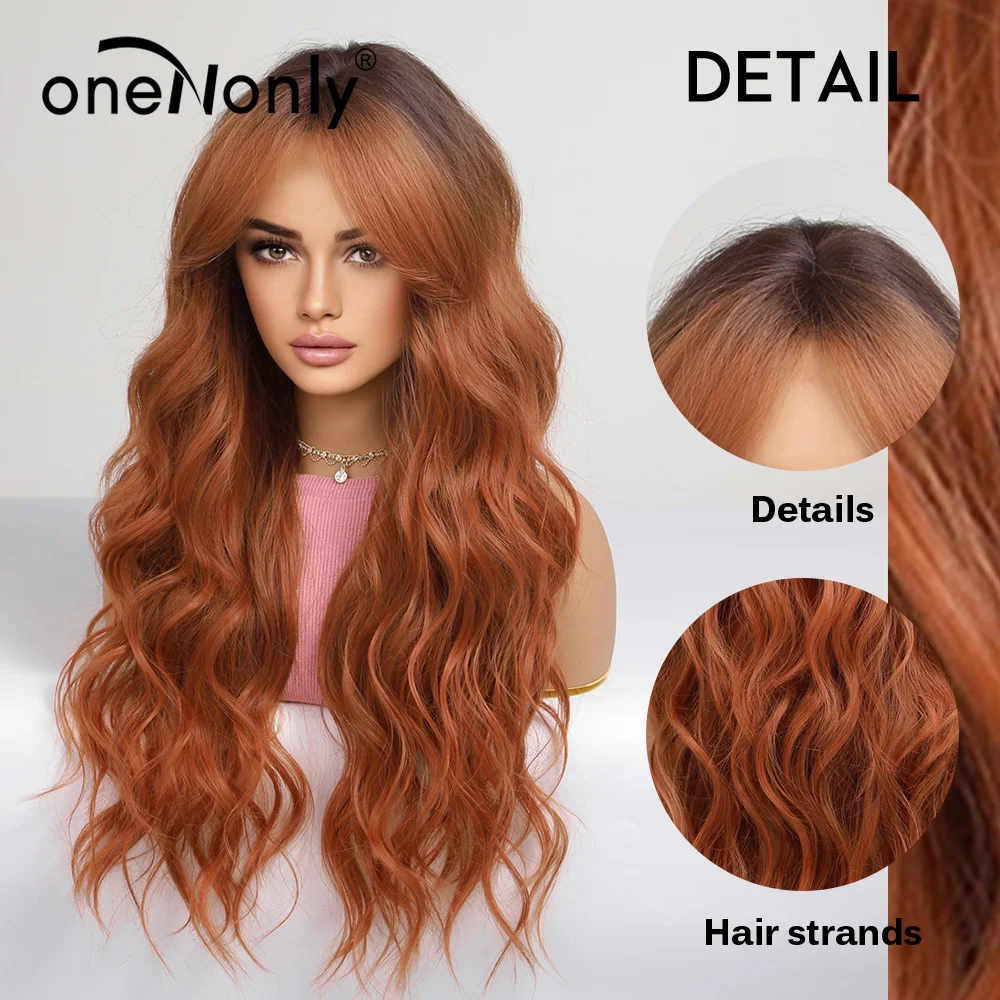 oneNonly Long Ginger Orange Wig Bangs Wavy Party Wigs Plush Daily Natural Hair Woman Wigs High Quality Synthetic Wig