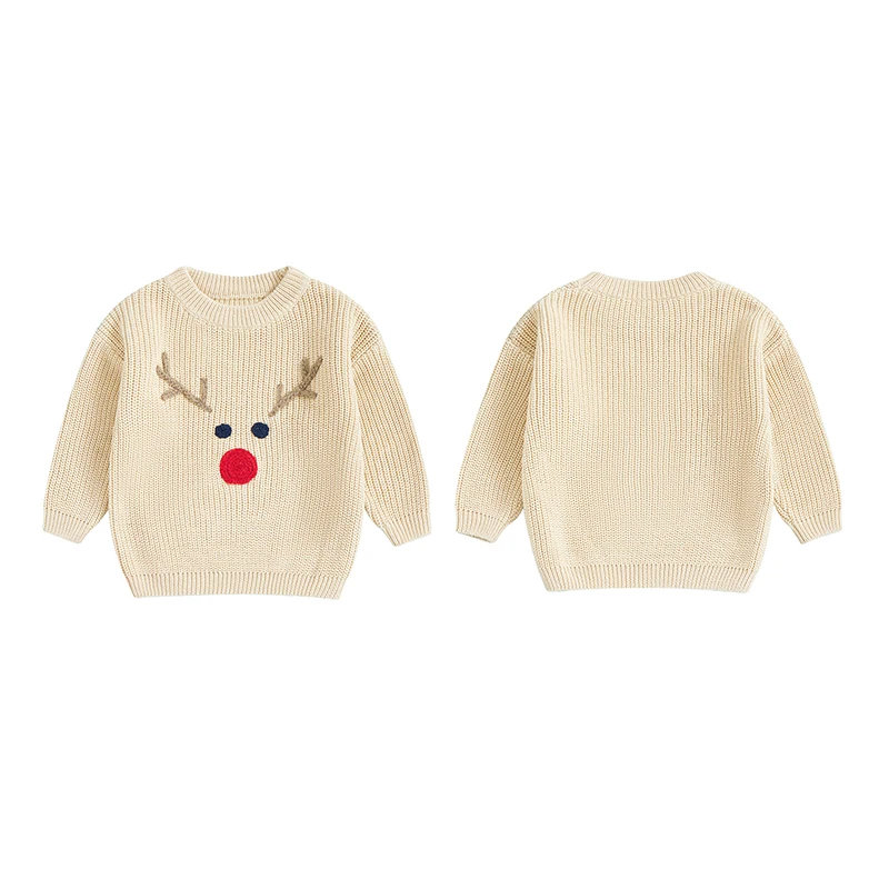 Baby Boy Girl Christmas Sweater Reindeer Pattern Long Sleeve Round Neck Chunky Knitwear Pullover Kids Winter Clothings