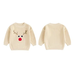 Baby Boy Girl Christmas Sweater Reindeer Pattern Long Sleeve Round Neck Chunky Knitwear Pullover Kids Winter Clothings