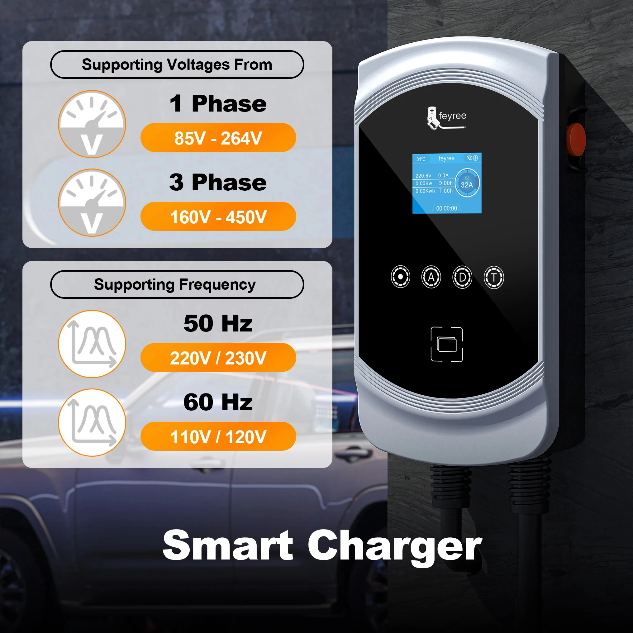 Feyree EV Charger Type1 EVSE Wallbox 32A 7.6KW 40A 9.6KW 50A 12KW 1Phase J1772 Adapter APP Control for Electric Vehicle Car