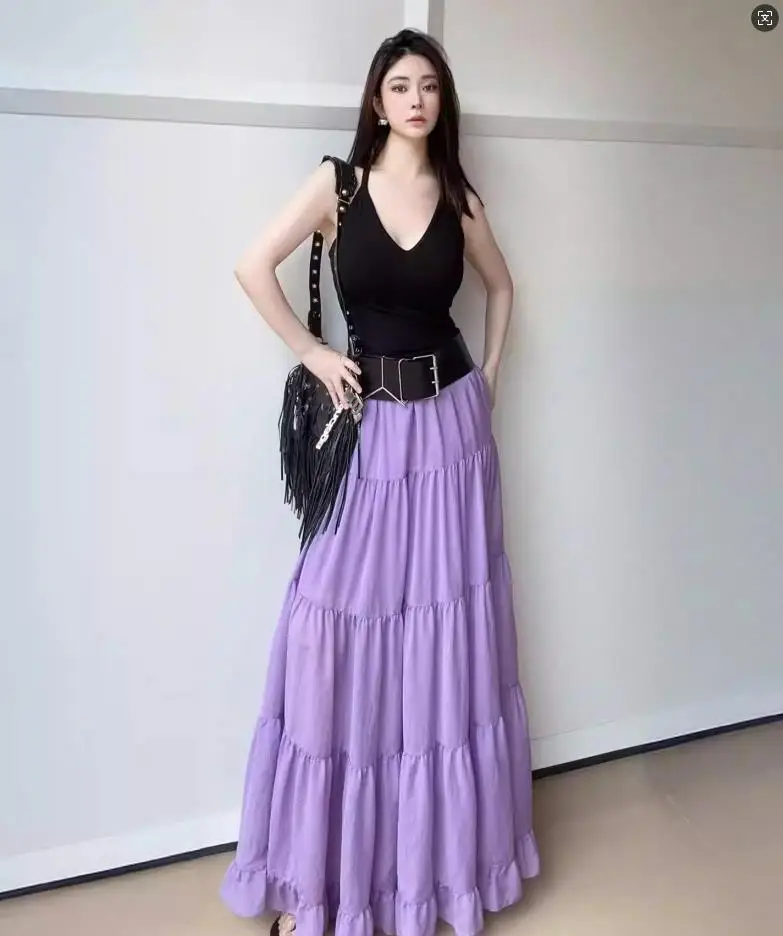 Maxi Long Skirts for Women Chiffon Korean Lolita Style Spring Summer Elastic Waist High Low Ruched Ruffles plus Size Skirt