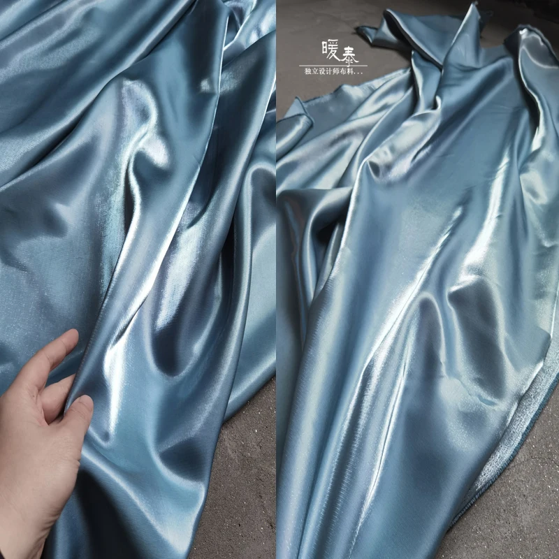 Shiny Silk Satin Fabric Lake Blue Liquid Reflective Metallic Luster Silkblend Organza DIY Shirt Skirt Clothes Designer Fabric