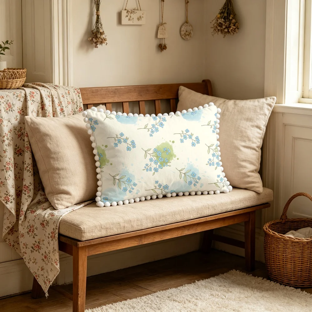 1PC Cream Background with Blue Forget Me Not Wildflowers and Green Leaves, Watercolor Natural Floral Long Pillow Cover with Po