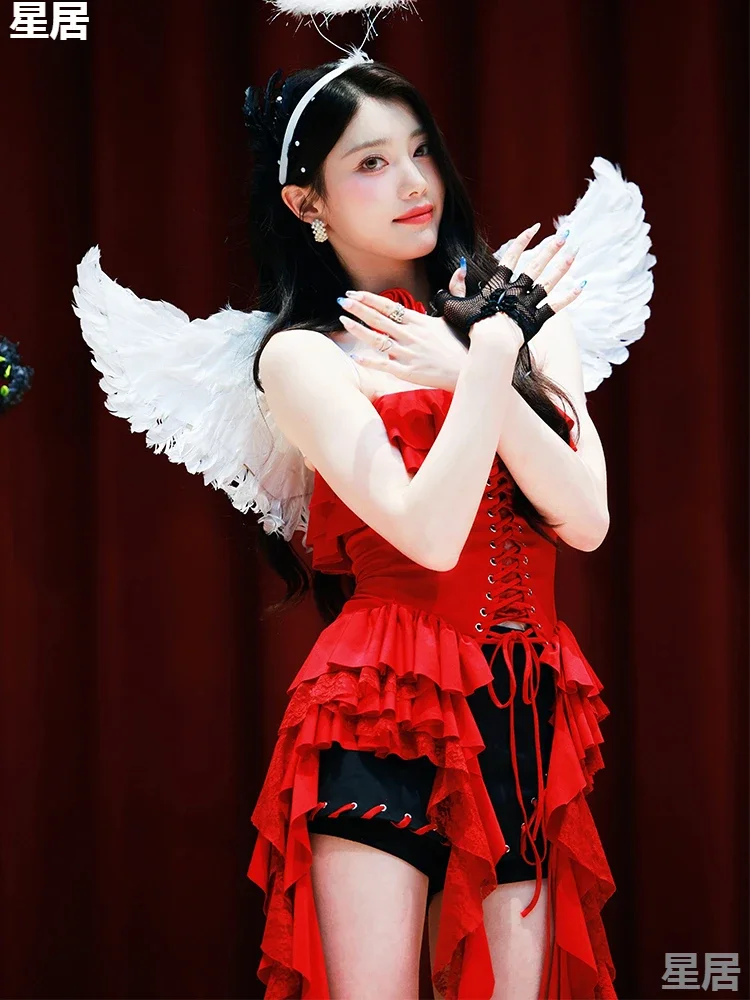 Kobiety kostiumy sceniczne seksowna czerwona marszczona sznurowana nieregularna lamówka topy bez ramiączek klub nocny Dj Rave ubrania piosenkarka odzież jazzowa