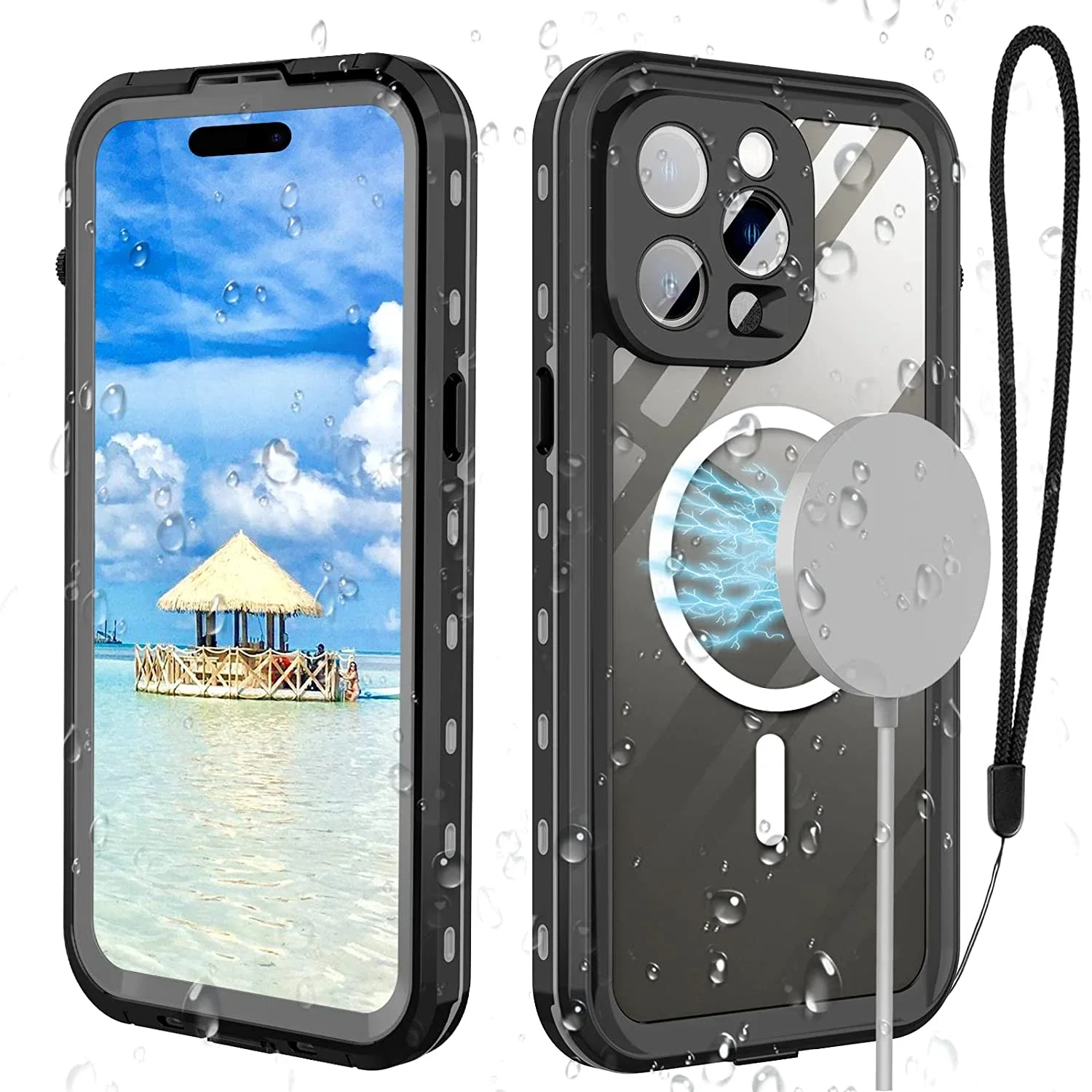 

Waterproof for iPhone 15 14 Pro Max Case 15 Plus Compatible Magsafe Case Magnetic Magnet Full Protection Phone Case with Lanyard