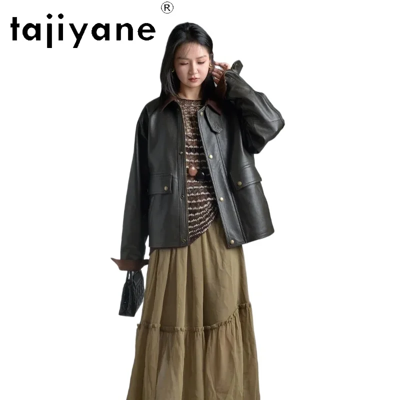 TAJIYANE Genuine Leather Jacket Woman Full Vegetable Tanned Sheepskin Vintage Leather Coat Cropped Jackets for Woman Lapel 가죽자켓