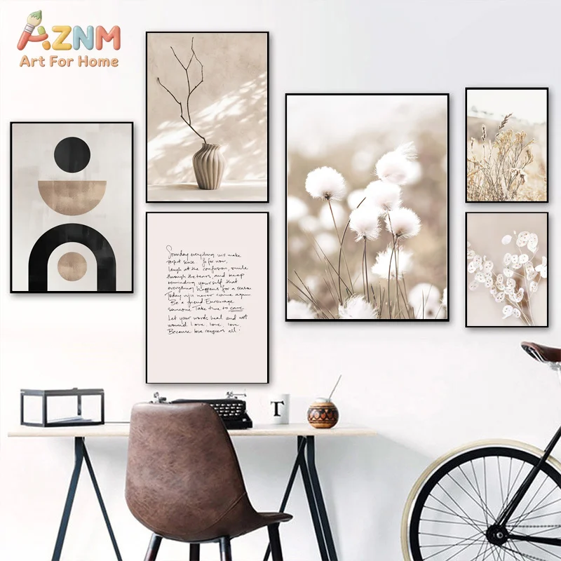 AZNM Neutral Beige Dried Plant Geometric Letter Canvas Poster, Frameless Boho Text Botanical Wall Art For Modern Study Bedroom H