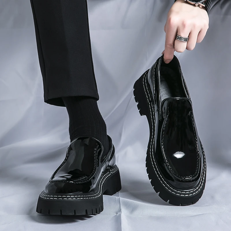 Patent Leather Platform Shoes Loafers Shoes Men Thick-soled Wedding Shoes Black Formal Business Shoes Slip-on Leather Increase