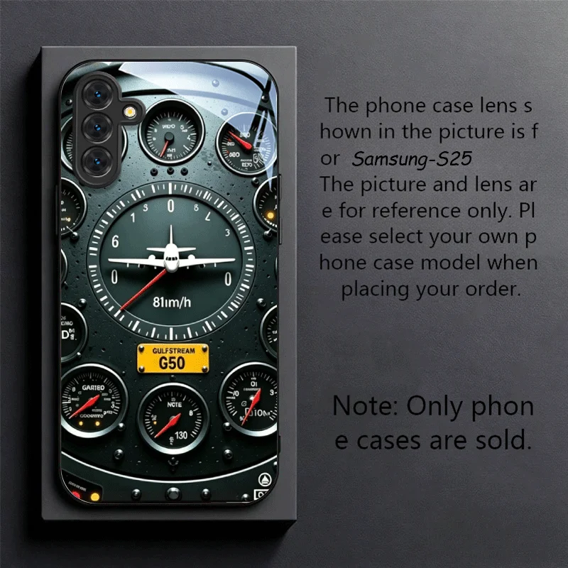 Airplane Dashboard Pattern Black Tempered Glass Phone Case for Samsung Galaxy S26/S25/S24/S23 Ultra /S22 Ultra/S20 Ultra/56 5G