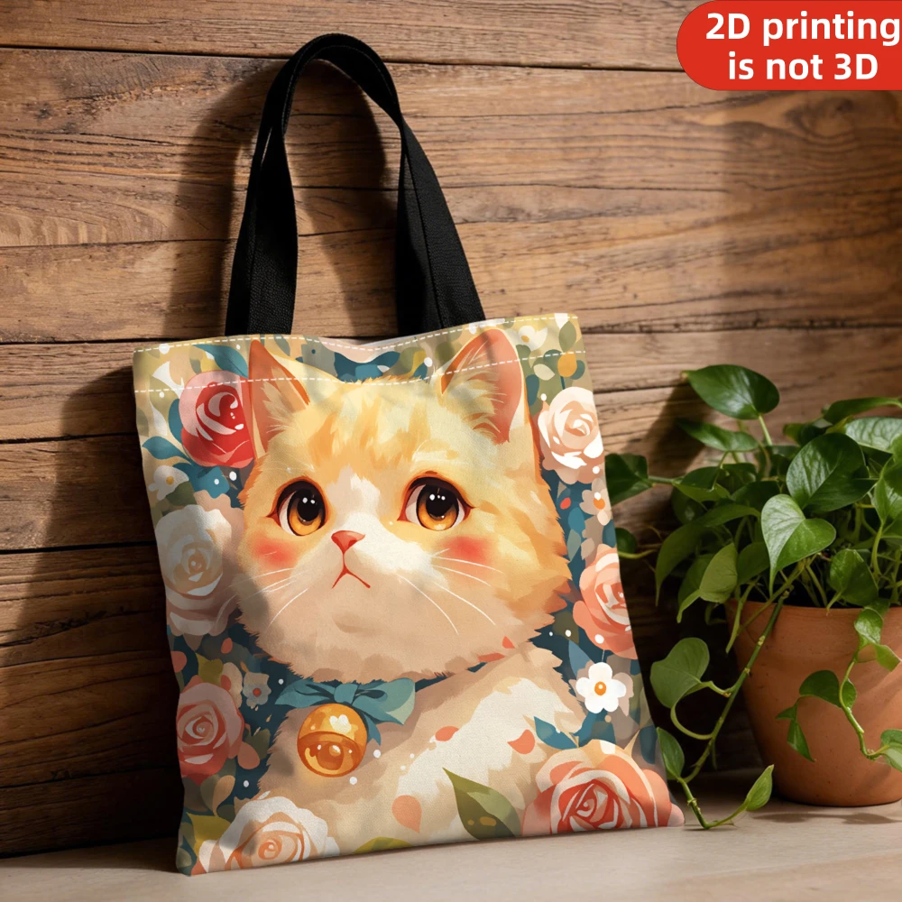 1Pc 2D Printing Cute Orange Cat And Rose Flower Pattern Tote Bag For Subway Commute Shopping Travel Daily Use Grocery Carry