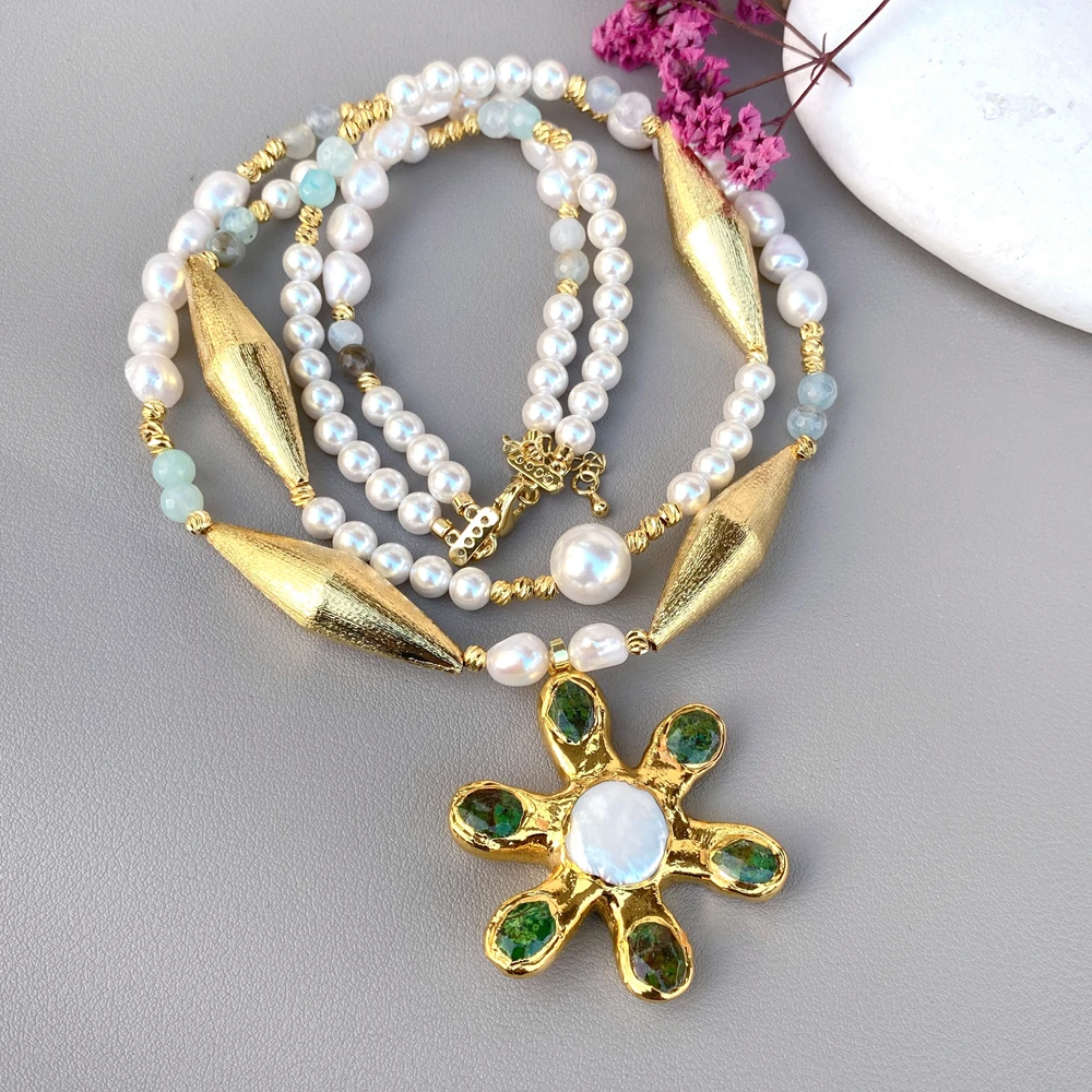 yygem 2 strands sea shell pearl Matte Finish rice white round opal necklace green jasper flower shape pendant