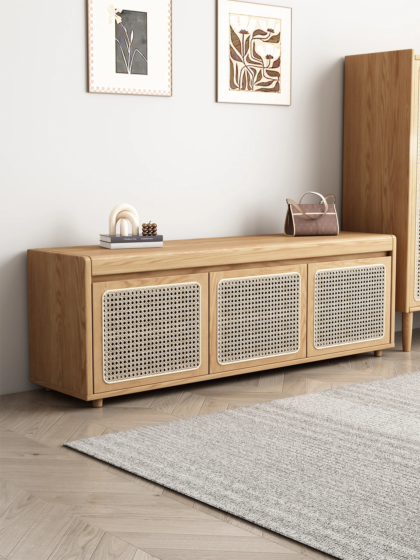 

Customizable solid wood retro rattan low shoe cabinet log style