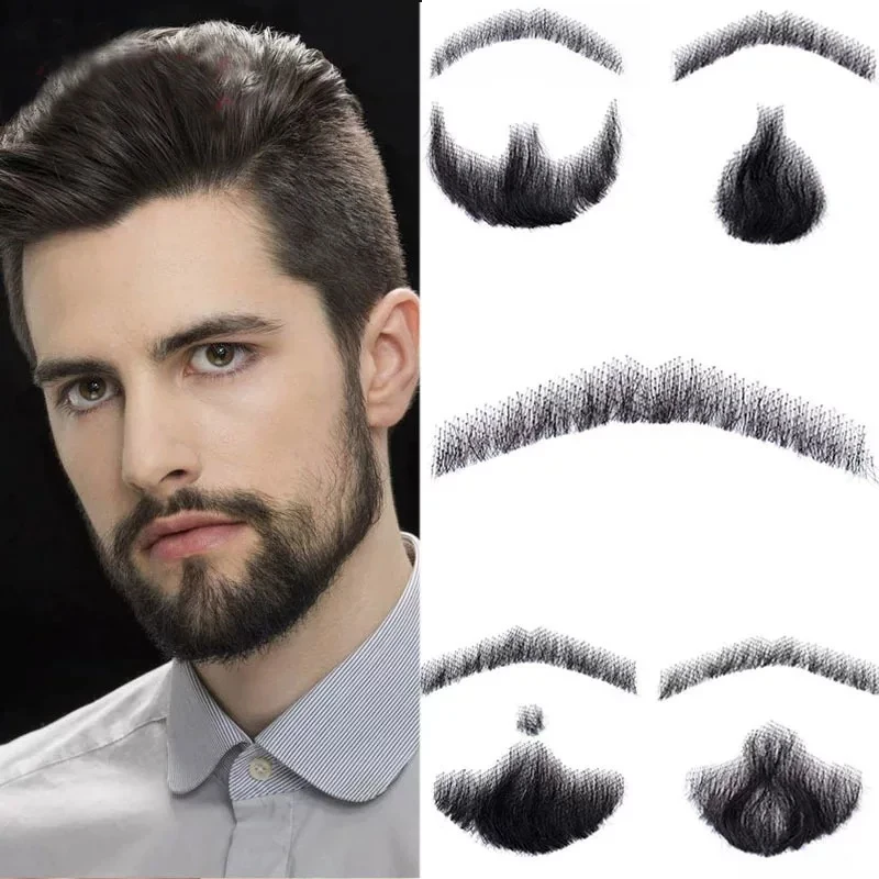 Men's 100% Human Hair Handmade Fake Beard Invisible Lace False Mustache Realistic Halloween Cosplay Makeup Facial Hair