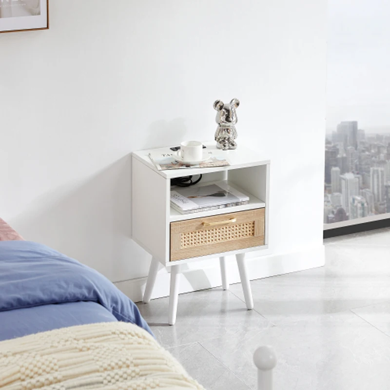 

15.75" Rattan End table with Power Outlet & USB Ports , Modern nightstand with drawer and solid wood legs, side table, white