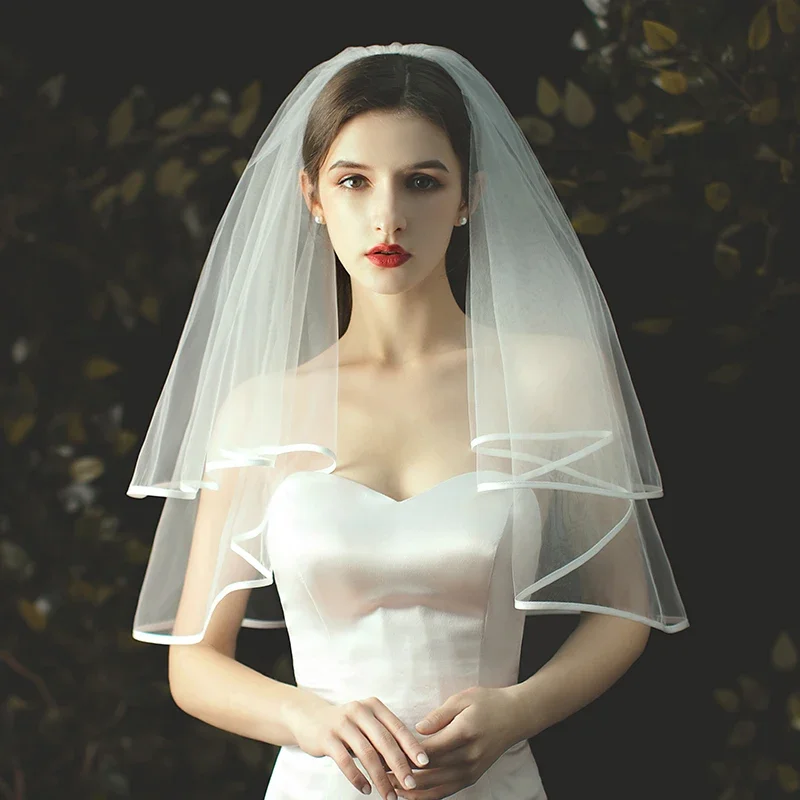 2T Wedding Veil Short Tulle Ribbon Edge Bridal Veils Two Layer Ivory White Elegant Shoulder Length Bride Veil