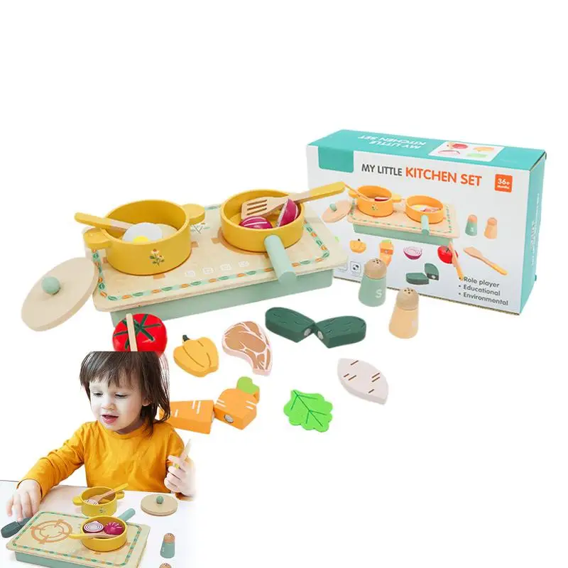 Juegos de cocina para niños, juego de simulación de comida, utensilios de cocina de madera con ollas, palas, accesorios para verduras para niños y niñas