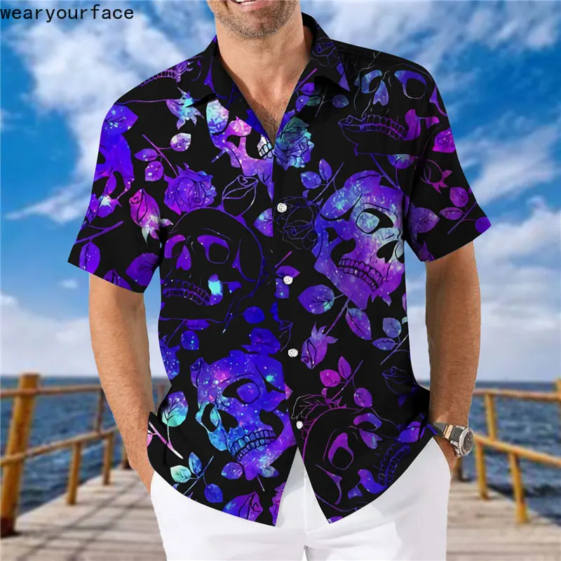 

Colors Galaxy Skull Shirts Printed Hawaiian Graphics Dress Shirt Buttons Short Sleeve Thin Streetwear Beach Casual Men Clothing