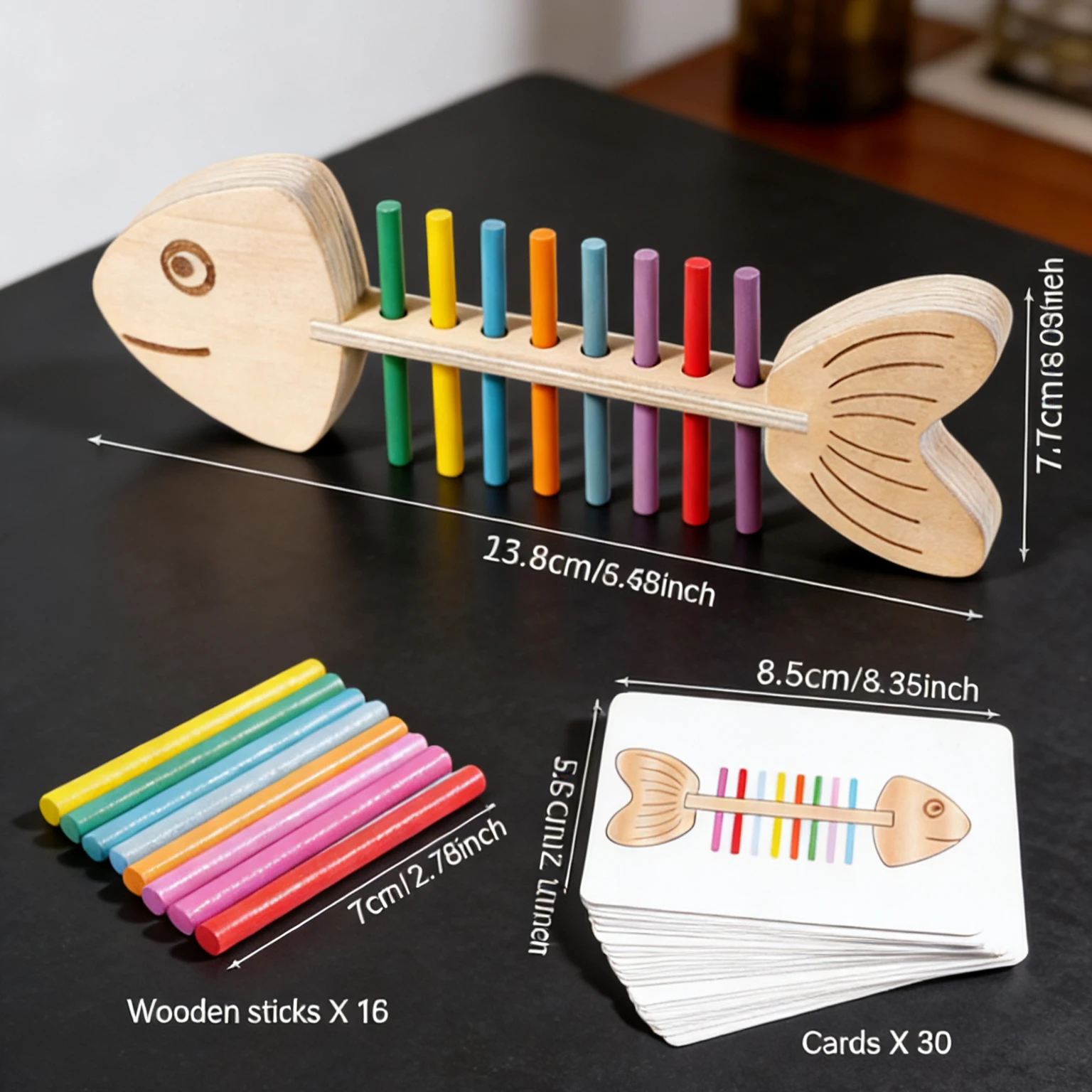 Giocattolo di abbinamento dei colori a lisca di pesce in legno Gioco di abilità motorie 30 carte Equilibrio educativo Attività di apprendimento in età prescolare per bambini Aula a casa