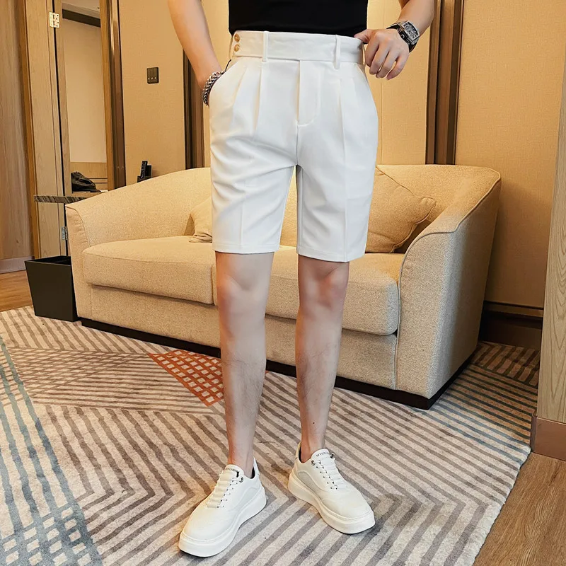 5 Colors Summer Men\'s Shorts High Quality Fashion Belt Design Slim Fit Short Pant Formal Social Wedding Party Knee Length Shorts