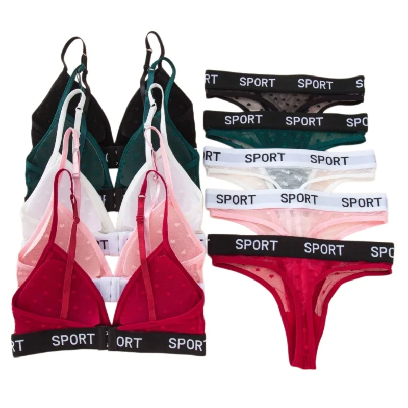 Set di reggiseno e slip in pizzo da donna, lingerie sexy, bralette push-up senza ferretto, perizoma sexy a vita bassa, set di biancheria intima con cintura a lettere alla moda.