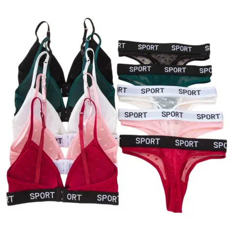 Conjunto de Sutiã e Calcinha Feminino de Renda Transparente com Poá, Lingerie Sem Aro, Bralette Sexy, Tanga de Cintura Baixa com Faixa de Letras, Conjunto de Roupa Íntima em Tela