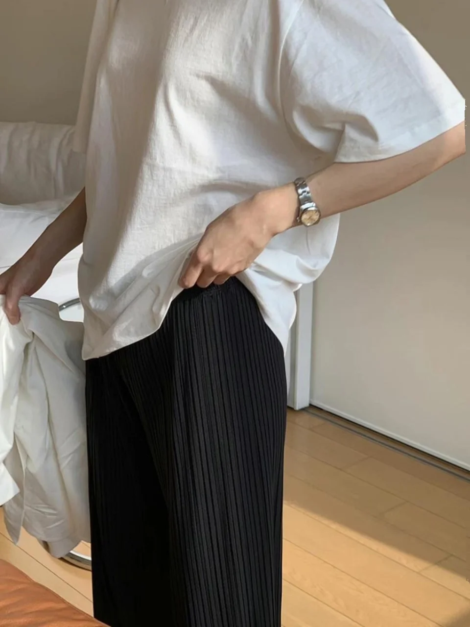 

Casual Drapey Straight Leg Pants Women's Folded Elastic Waist Loose Fit Summer 2024 Faion Trousers for Petite Ladies