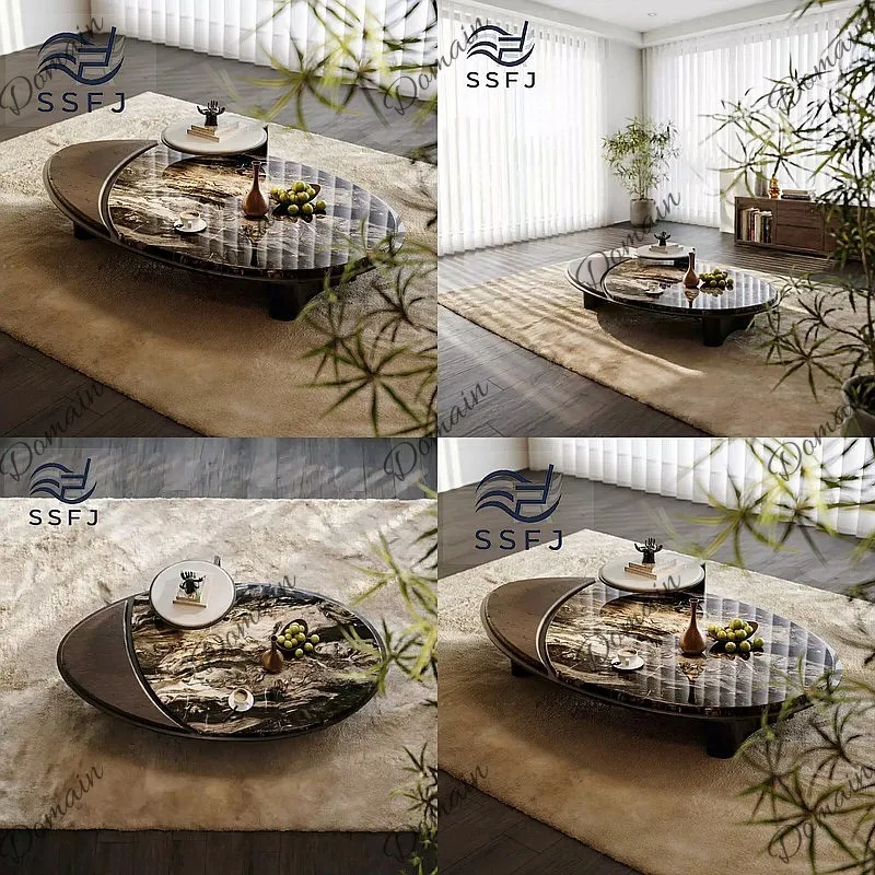 Modern Minimalist Oval Coffee Table with Marble Texture Top for Hotel Showroom Living Room Furniture