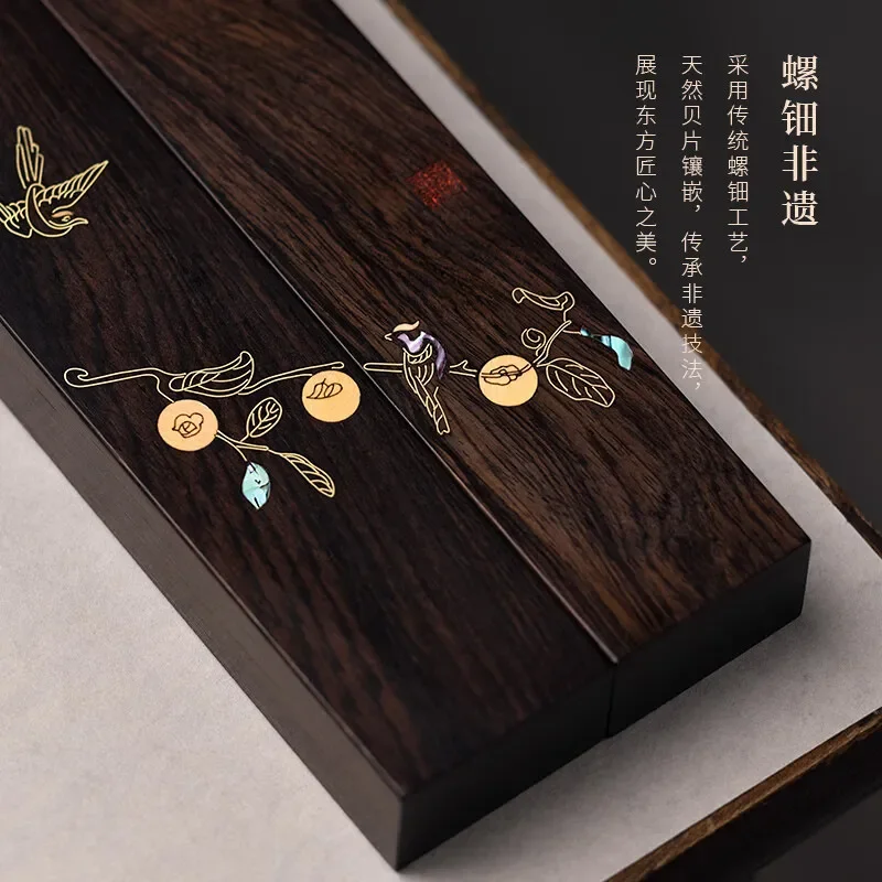 Red Sandalwood Paperweight with Inlaid Copper Wire Ruler Solid Wood Desk Accessory for Calligraphy Brush Rest Study Room Gift