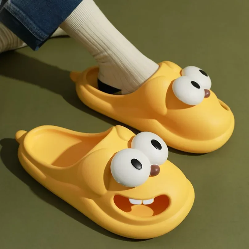 Zapatillas de casa antideslizantes para mujer, chanclas planas de dibujos animados con ojos grandes de perro y cachorro, zapatos de playa con