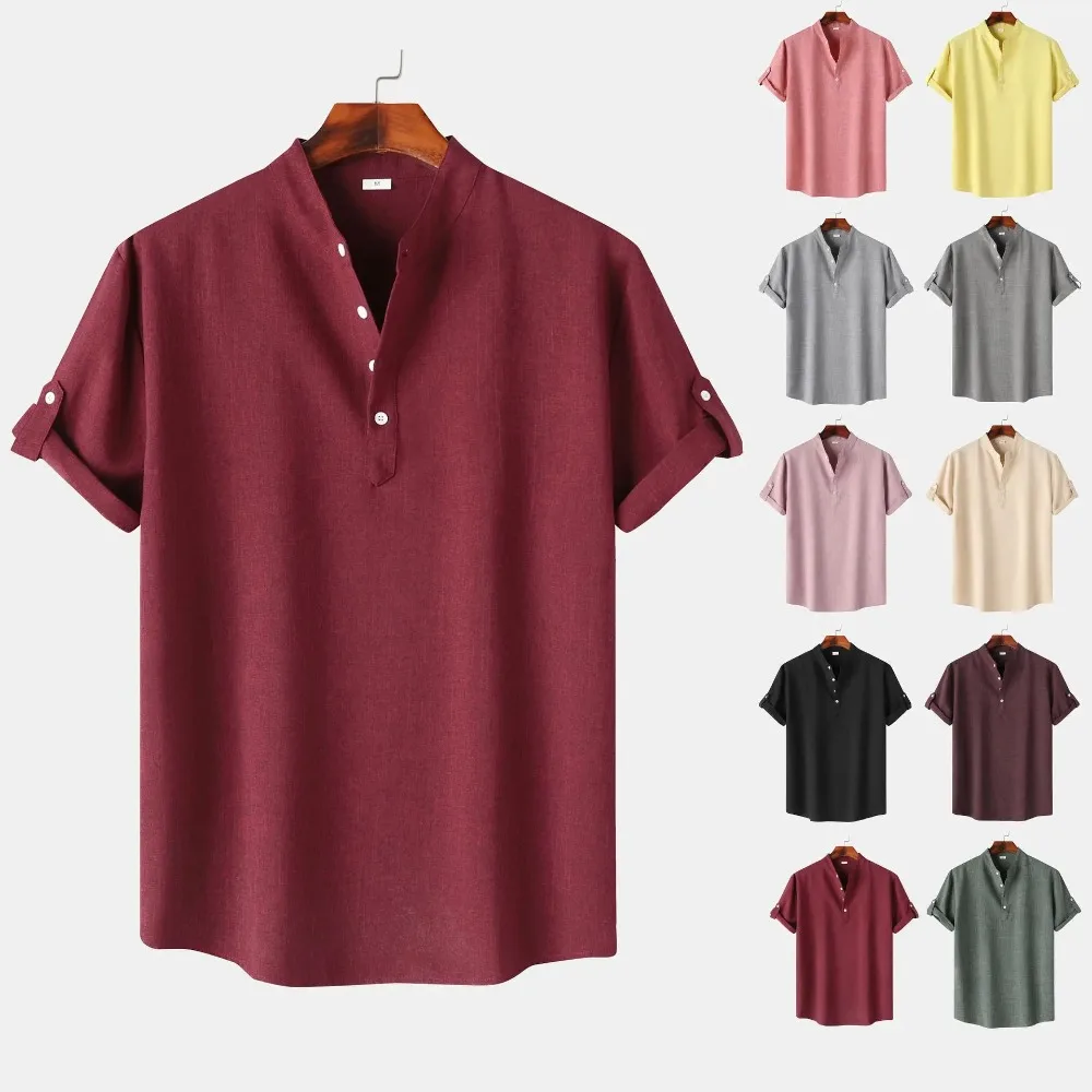 Men's Turn Down Short Sleeve Shirts Solid Half Button Stand Collar Shirts for Men Summer Casual Fit Beach Shirt Male Street Tops