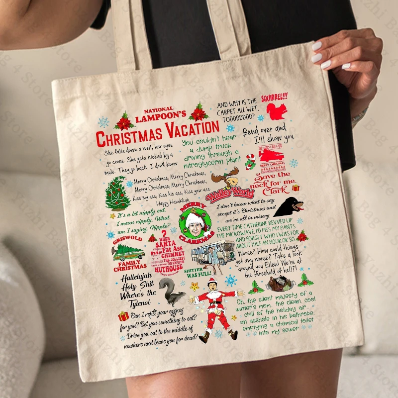 Bolsa de Ombro de Lona Feminina Sacola de Compras Reutilizável, Lampoon Nacional, Padrão de Férias de Natal, Viagem, Deslocamento Diário