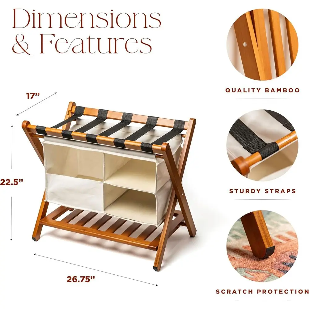 رف أمتعة قوي من الخيزران مع حقيبة غسيل قابلة للفصل ورف تخزين - حامل مدمج قابل للطي لحقائب السفر في غرف الضيوف، #3