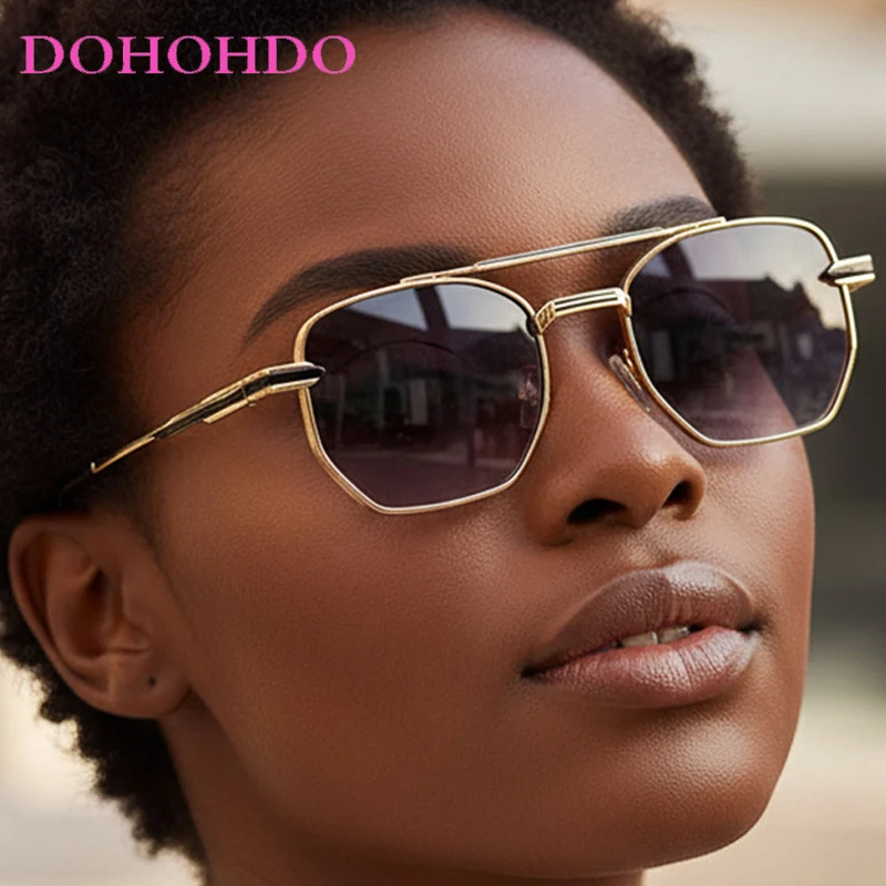 

Vintage Square Twin Bridge Pilot Women Sunglasses Luxury Classic Metal Punk Men Sunglass Outdoor Driving Travel Eyewear UV400