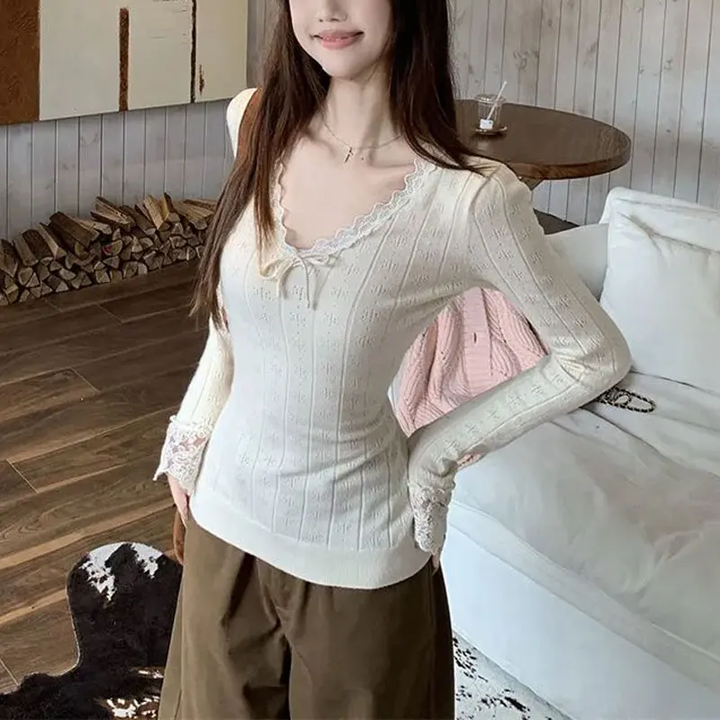 

Fashionable Lace Spliced V-Neck Bow T-shirts Autumn Solid Color Female Clothing Casual Long Sleeve Korean Slim Knitted Pullovers