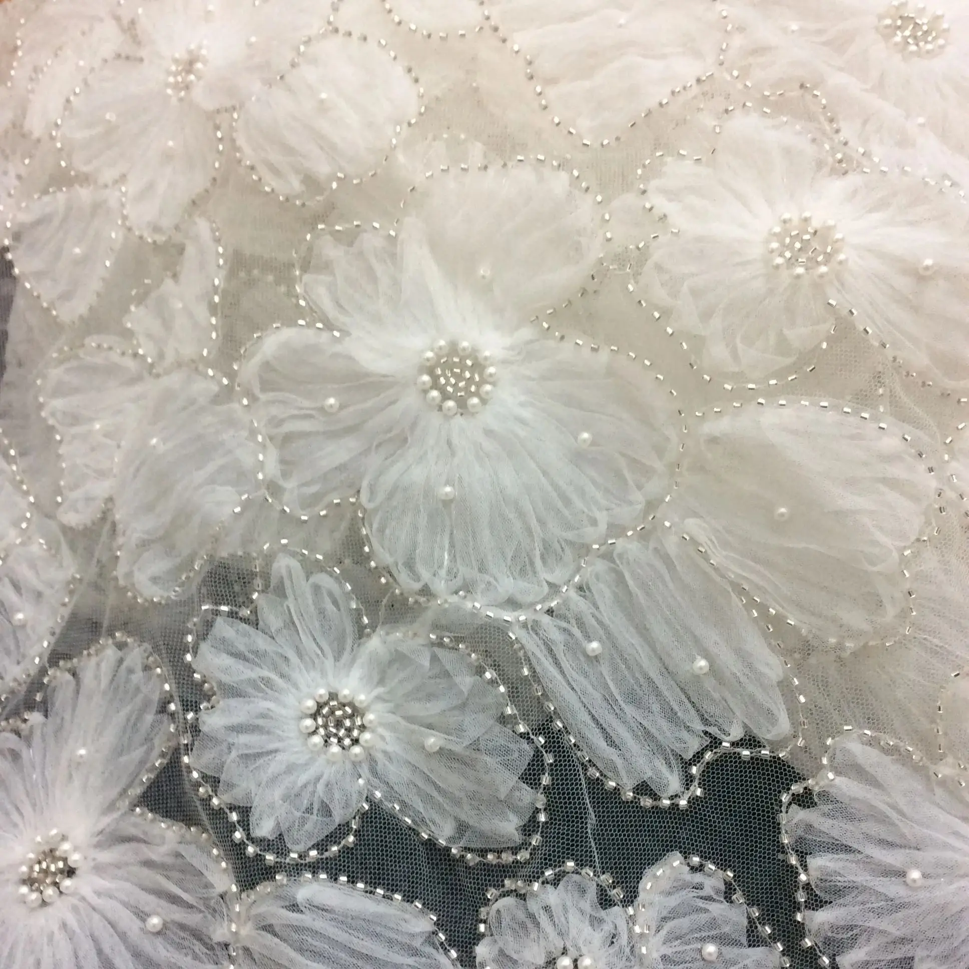 2D Floral Beadings Pearls Tulle Mesh Embroidery Lace Party Dress Designer Bridal Fabrics Sell by yard 2024 NEW