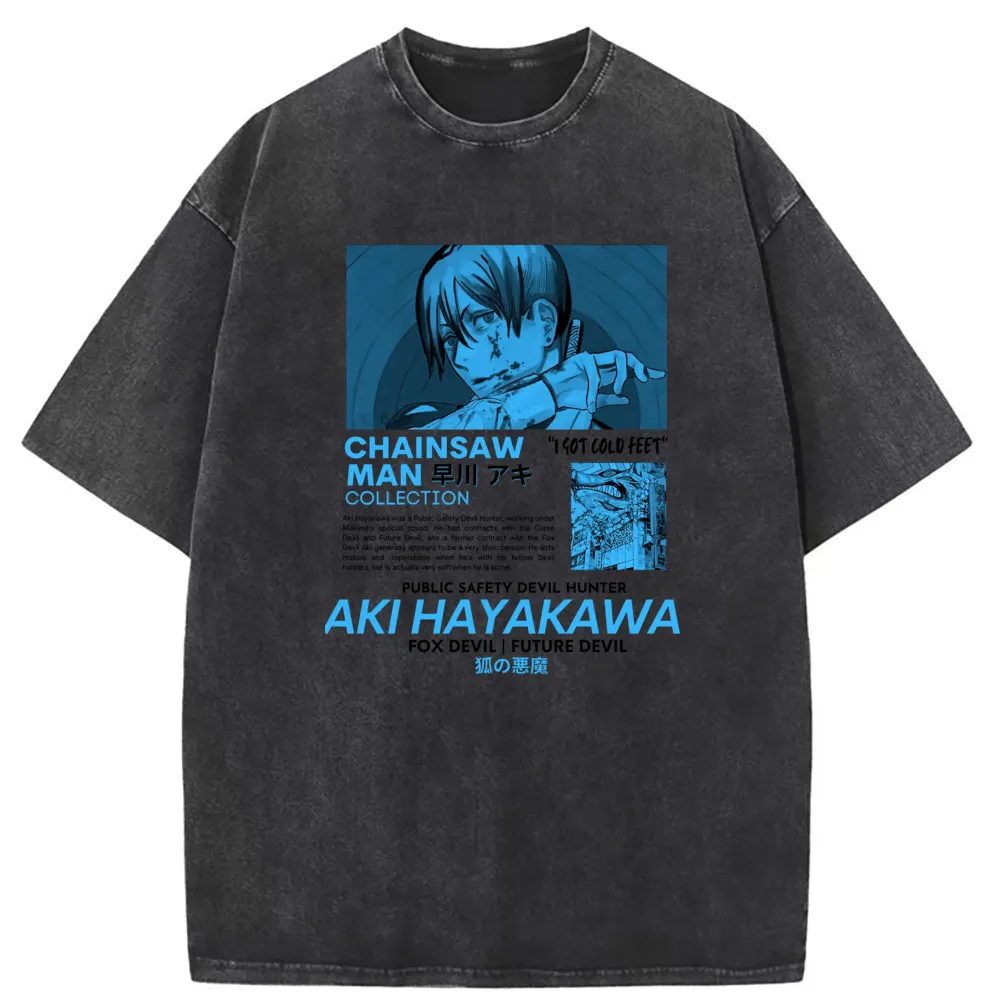 Aki Hayakawa Fox Devil Future Devil Man Anime T-shirts Long Sleeve Tee Shirt Men Vintage Printed Washed Sweatshirt Cotton Tshirt