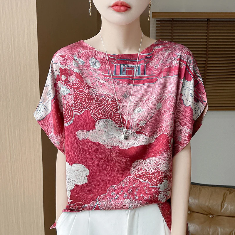 

Summer New Women's Fashion T-Shirt Casual And Comfortable Thin Satin Round Neck Ladies Loose Wild Short-Sleeved Shirt