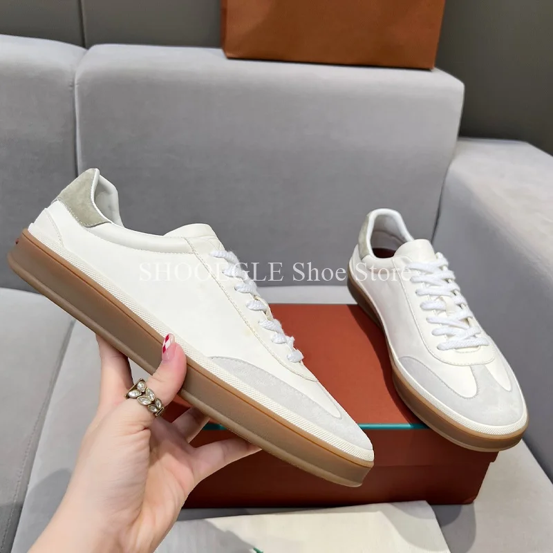 Tennis Low Top Training Shoes Round Toe Lace-Up Men Casual Shoes Genuine Leather New Style 2024 Comfort Breathable Flat Shoes