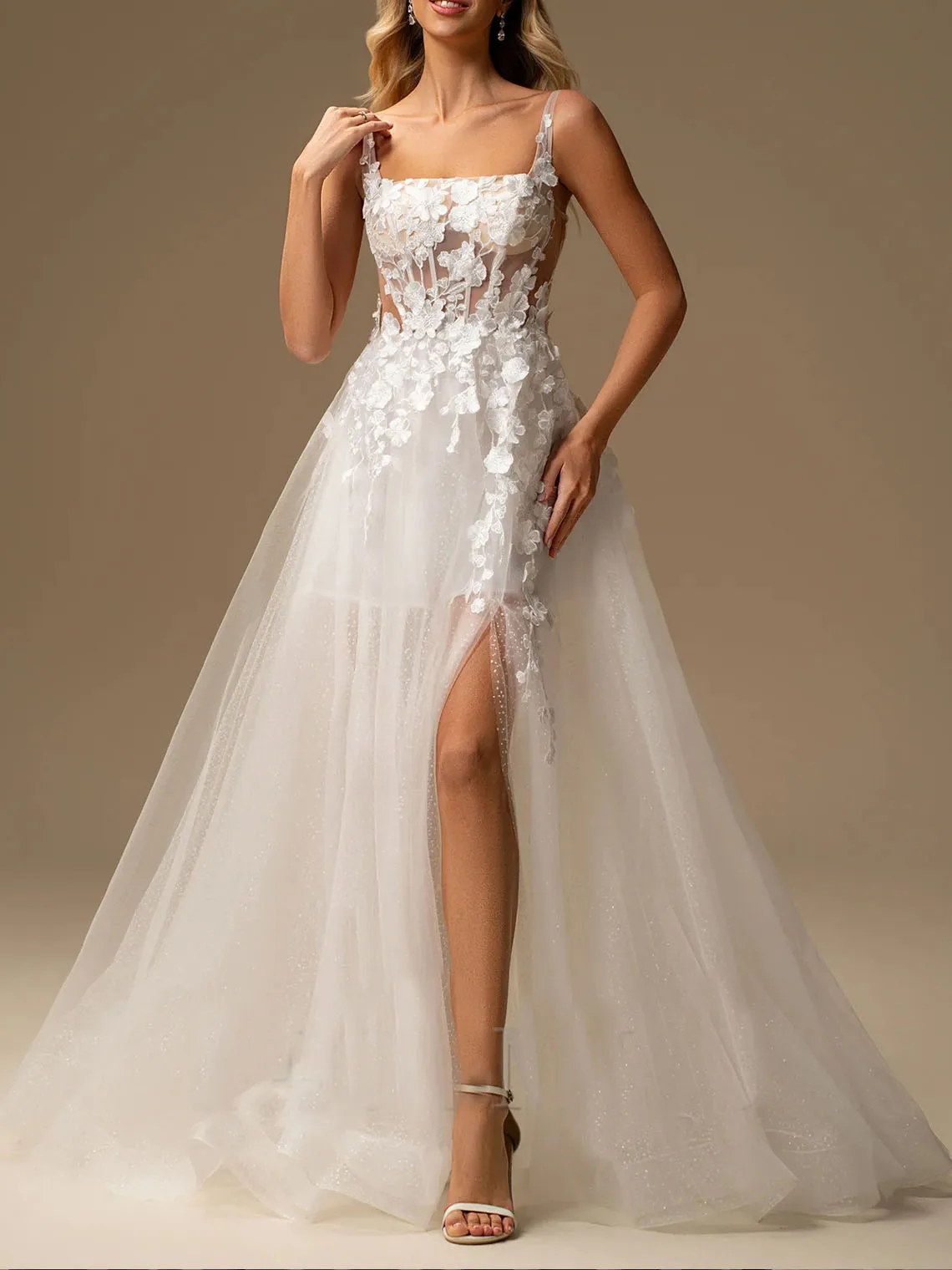 

Элегантное свадебное платье трапециевидной формы без рукавов с квадратным вырезом и оборками, аппликациями, со шлейфом, торжественное свадебное платье 2025, бесплатное индивидуальное платье