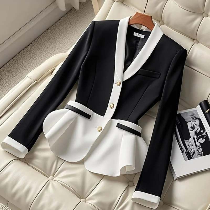 Xiaoxiangfeng High-End Luxury Contrasting Color Waist Cinched V-Neck Long Sleeved Small Suit Gentle Socialite Style Suits Jacket