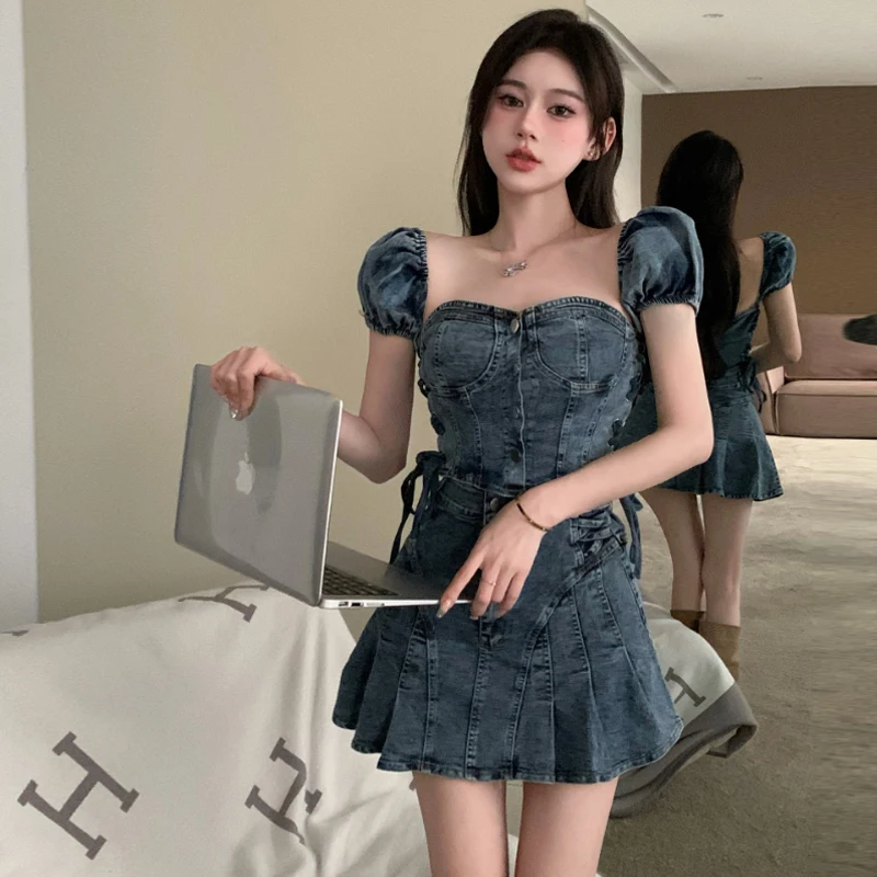 Vintage Denim Sets Women Off Shoulder Straps Mini Top+Pleated Short Skirt Fashion Summer Sexy Two Pieces Suits